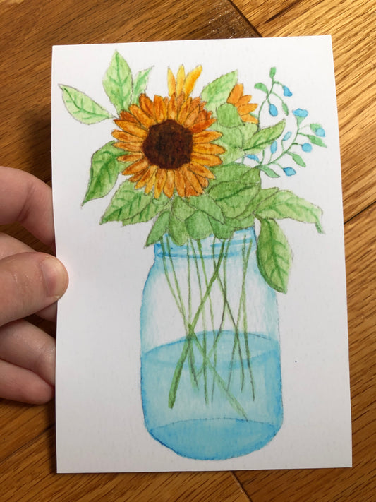 Sunflower Jar Watercolor Print - Only ONE print of this paper type -